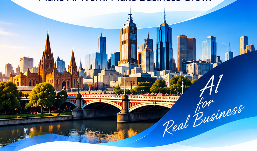 Melbourne CBD skyline and Yarra River with blue wave overlay and script text AI for Real Business